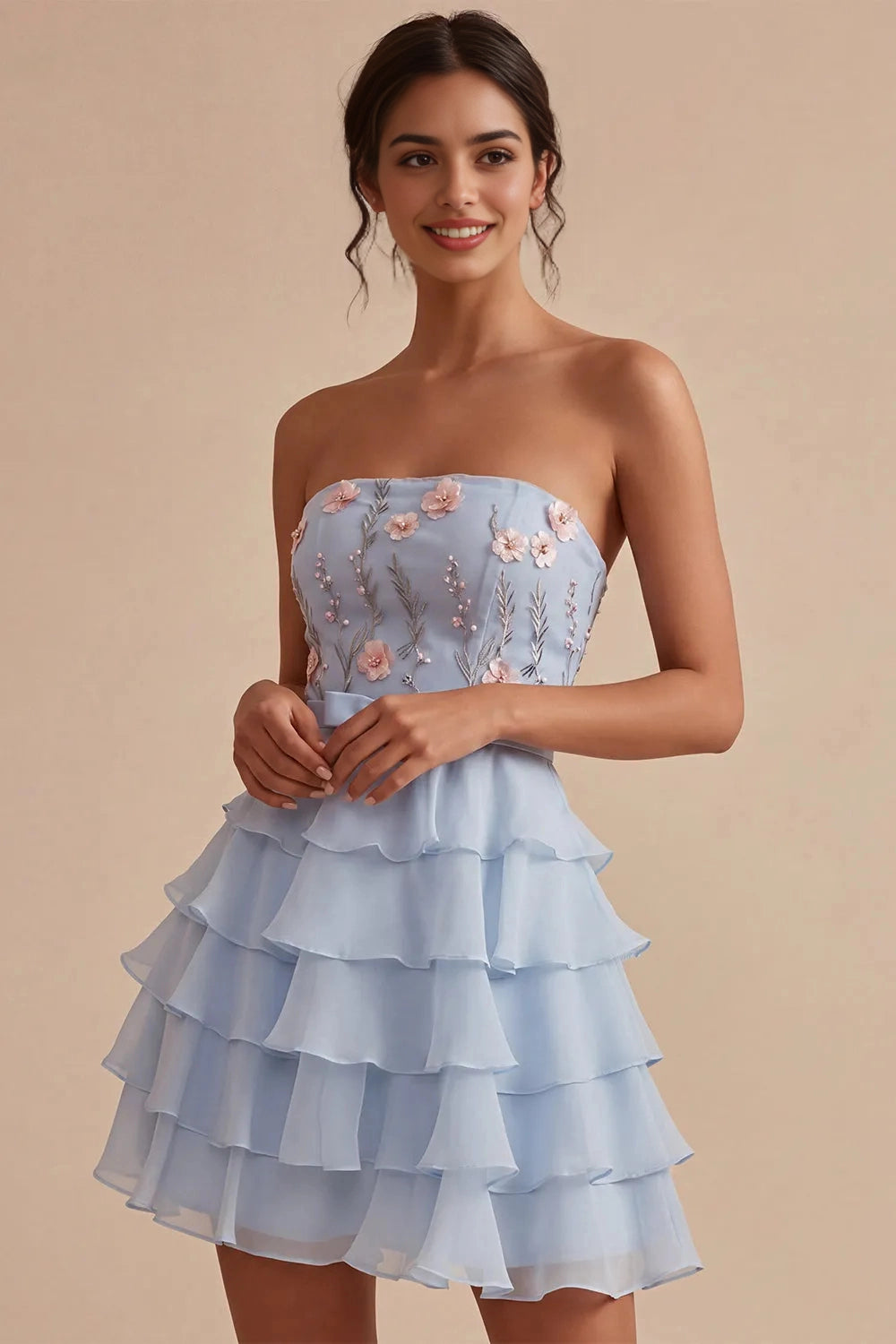 Vedress light blue strapless homecoming dress, floral embroidered bodice, bow waistband, tiered chiffon short cocktail gown